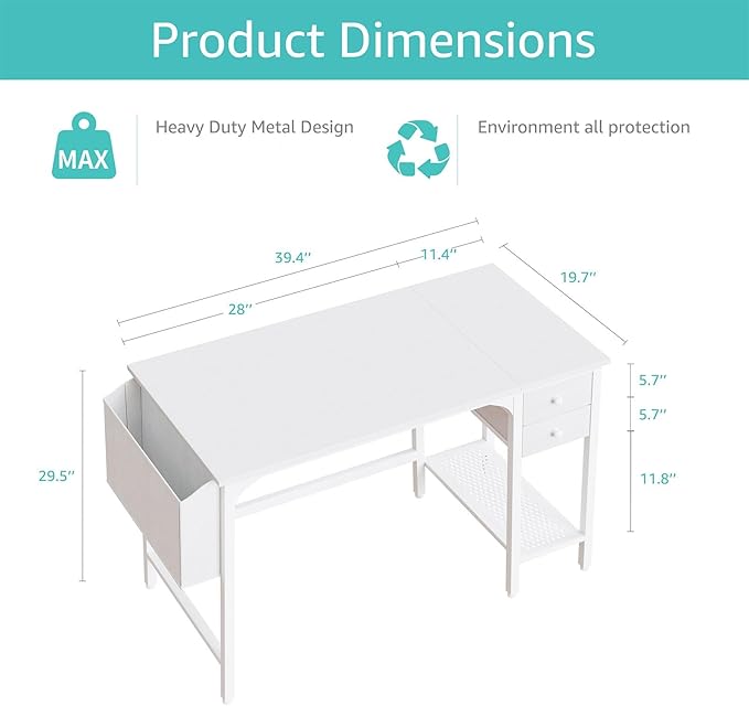 White Small Desk with Drawers - 40 Inch Computer Desk for Small Space Home Office, Modern Simple Study Writing Table PC Desks